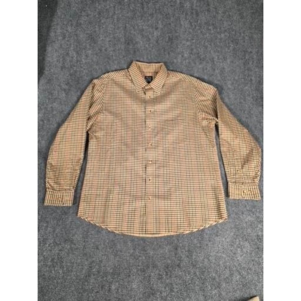 Jos A Bank Travelers Collection Shirt Mens XL Tailored Fit Check Cotton Tan 1424